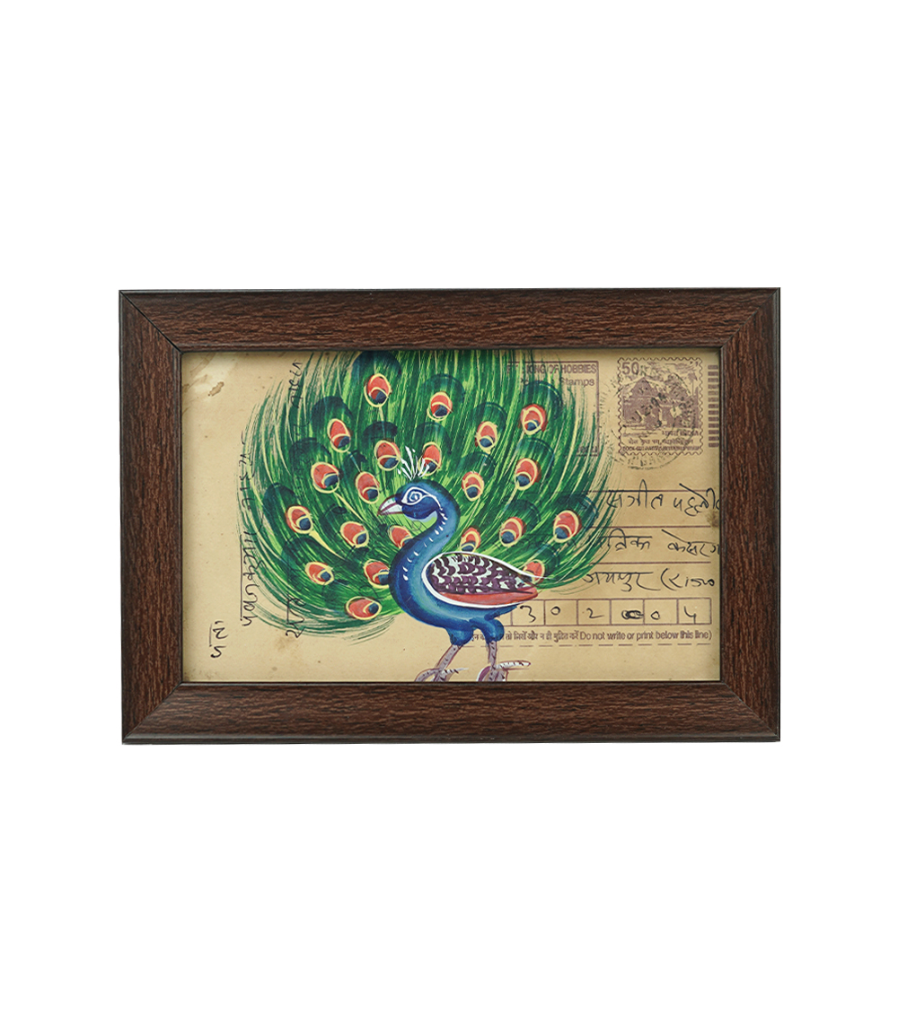 Rajasthani Peacock Miniature Art on Postcard - Framed Decor