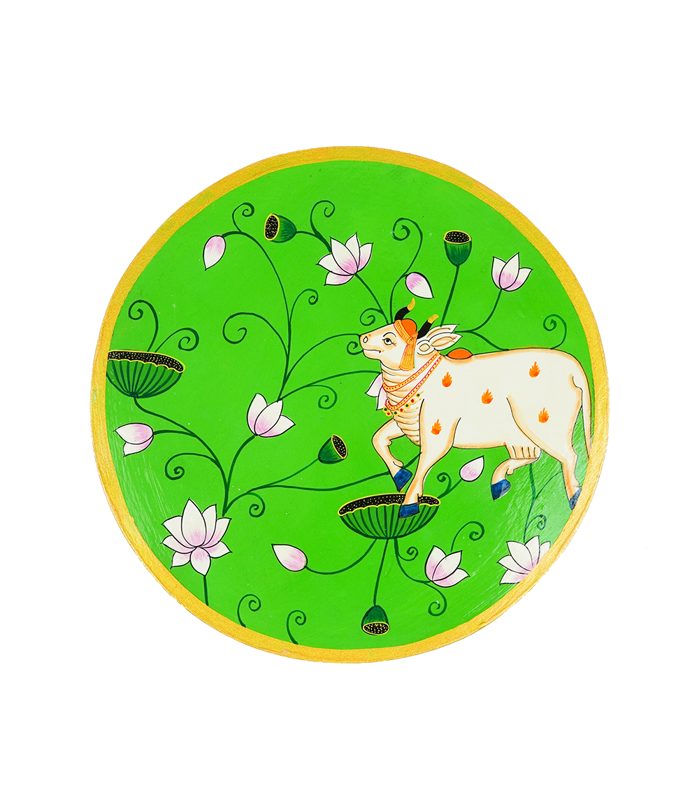 Hand-Painted Pichwai Cow & Lotus Wooden Plate – Traditional Rajasthani Art (12")