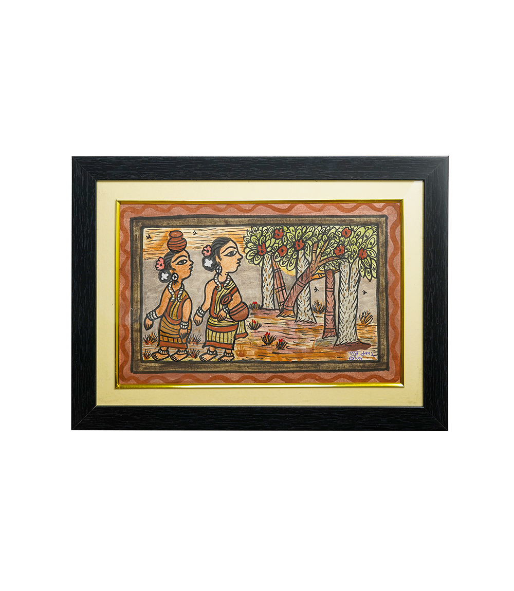 Handpainted Paitkar Painting featuring two women surrounded by trees (15.3x11.4) 