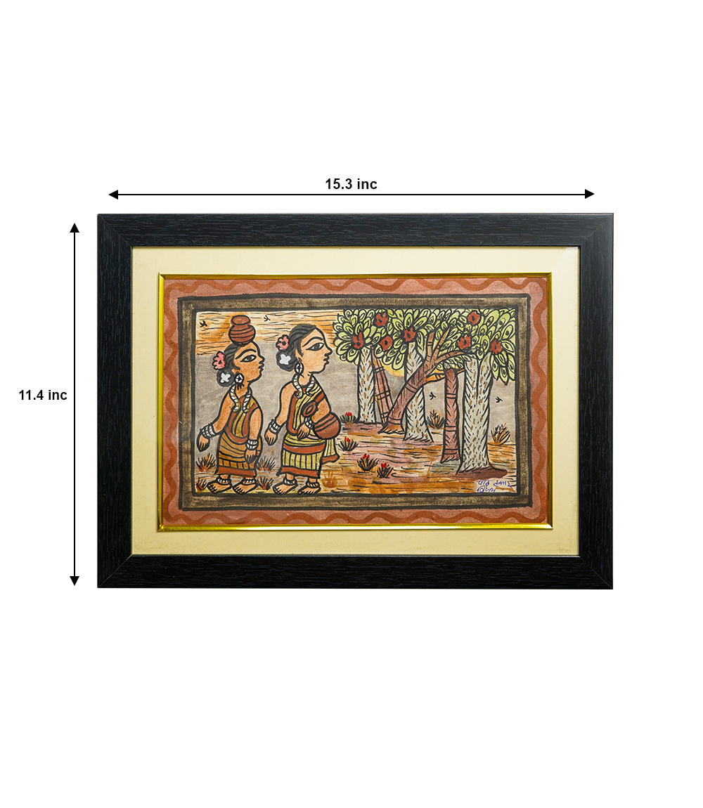 Handpainted Paitkar Painting featuring two women surrounded by trees (15.3x11.4) 