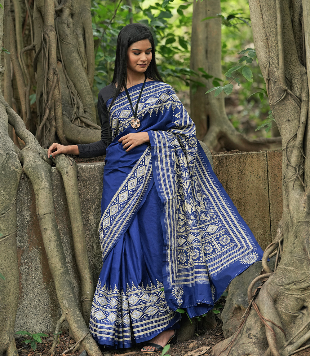 Navy blue Katha stich Saree