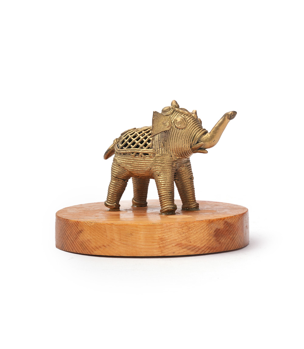 Dokra Elephant Statue With Wooden Base Made By Tribes Of Odisha