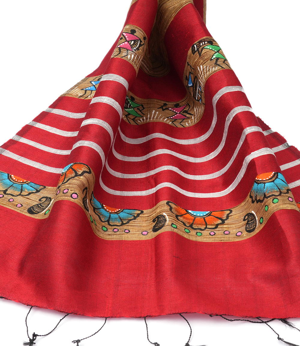 Tassar Silk Natural Hand Painting Stole red