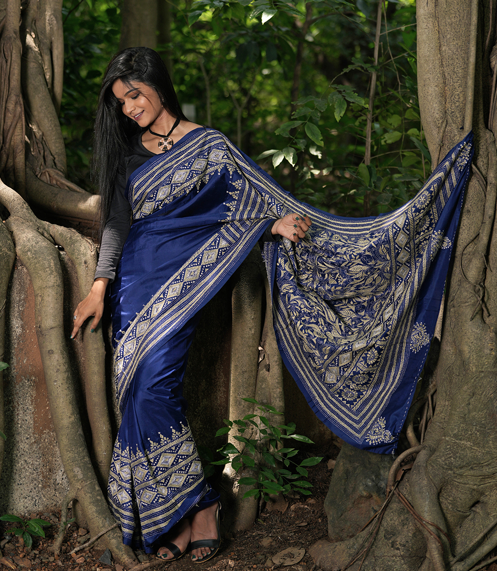 Navy blue Katha stich Saree