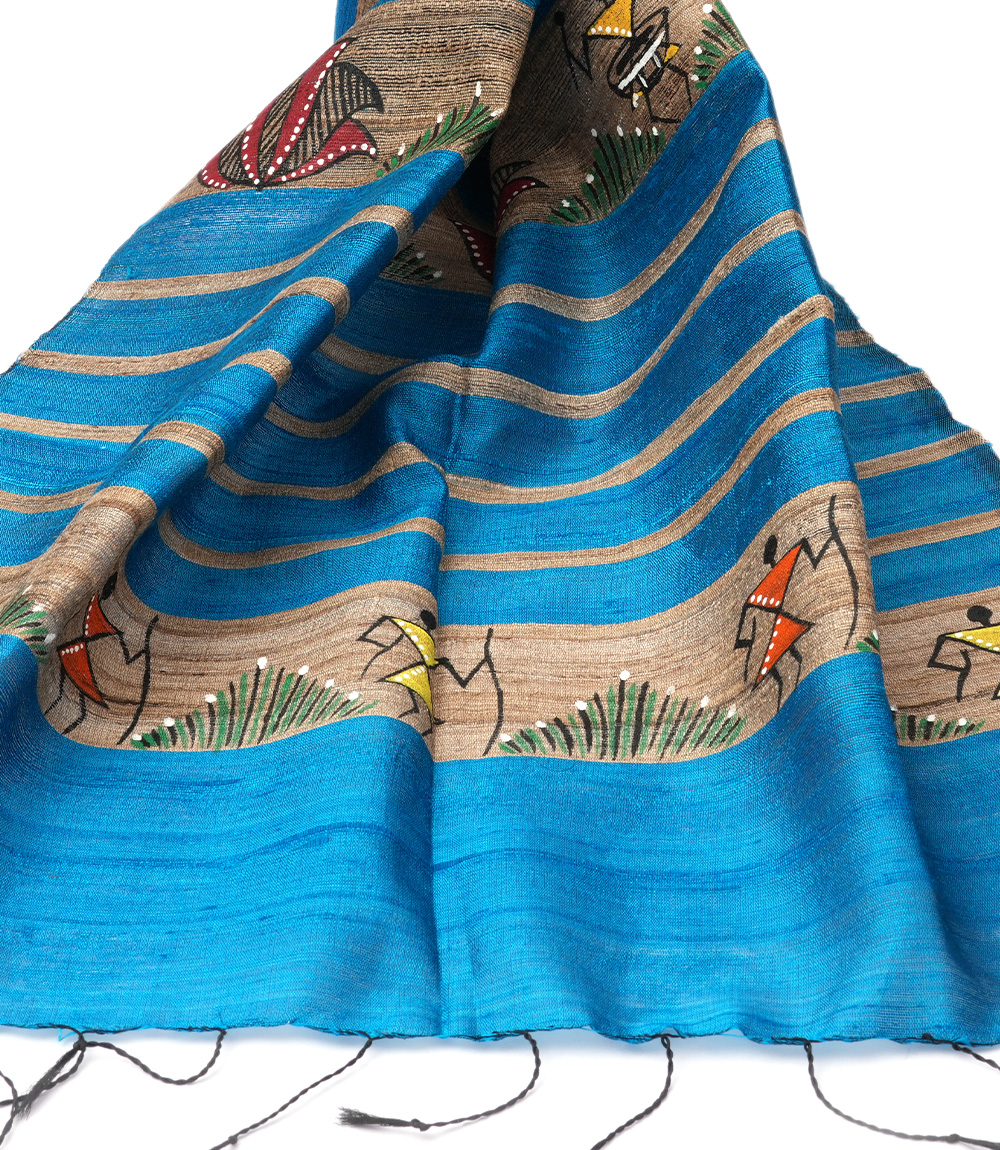 Tassar Silk Natural Hand Painting Stole blue