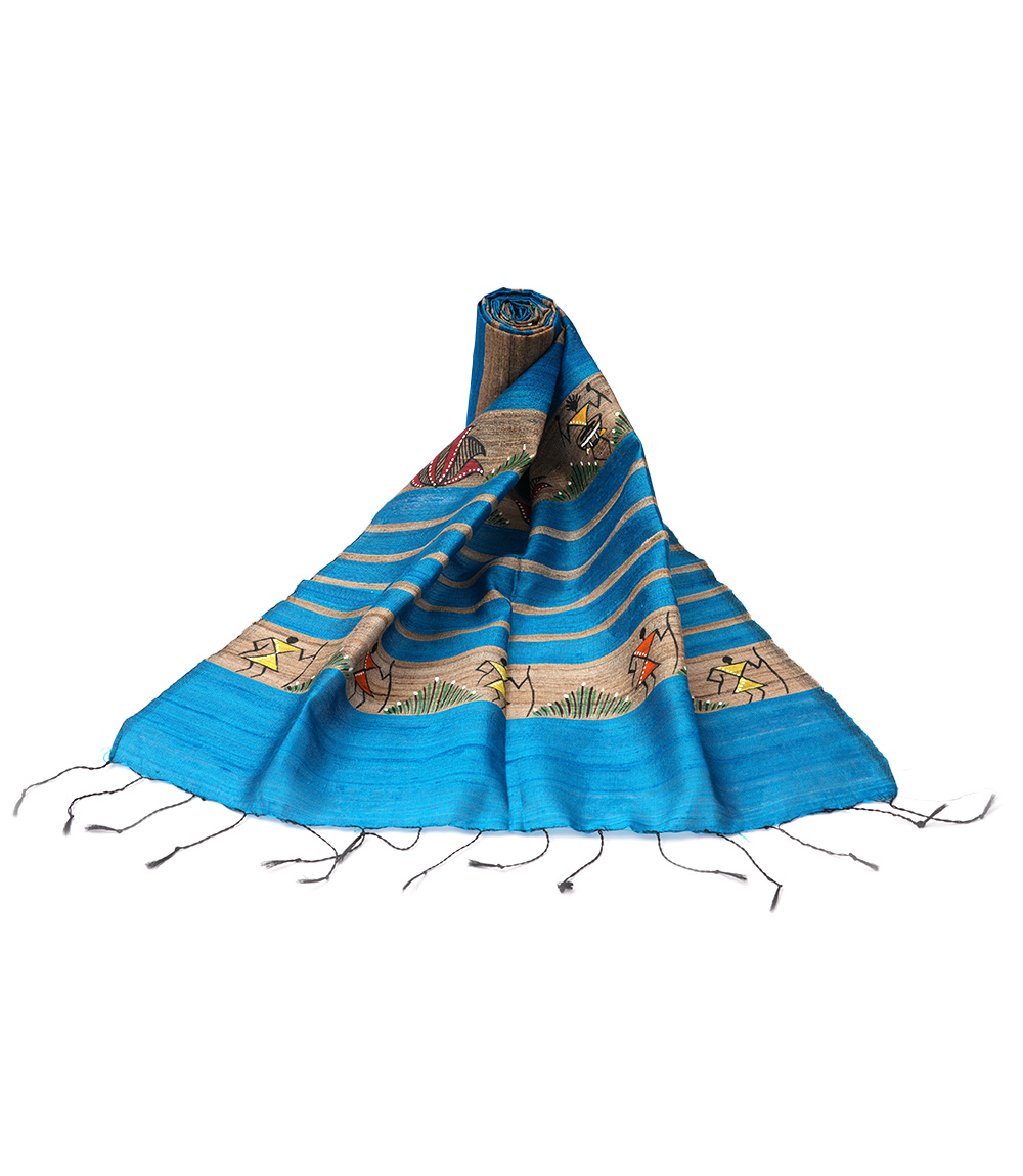 Hand Painted Tassar Silk Stole Made By Tribes Of Jharkhand-Blue Colour