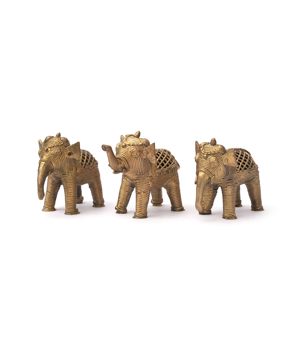 Dokra Elephant Statue Made By Tribes Of Odisha (3 Piece Set)