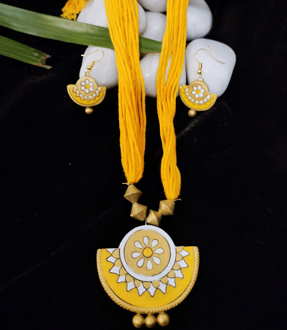 Terracotta Necklace Set (Yellow Colour) - Made by Tribes of Jharkhand 