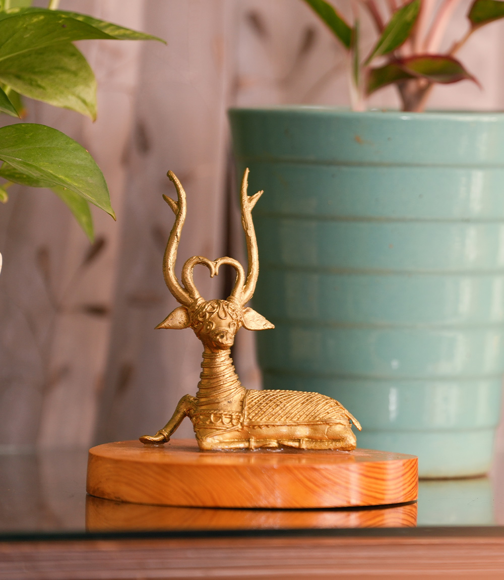 Dokra Deer Statue With Woodbase