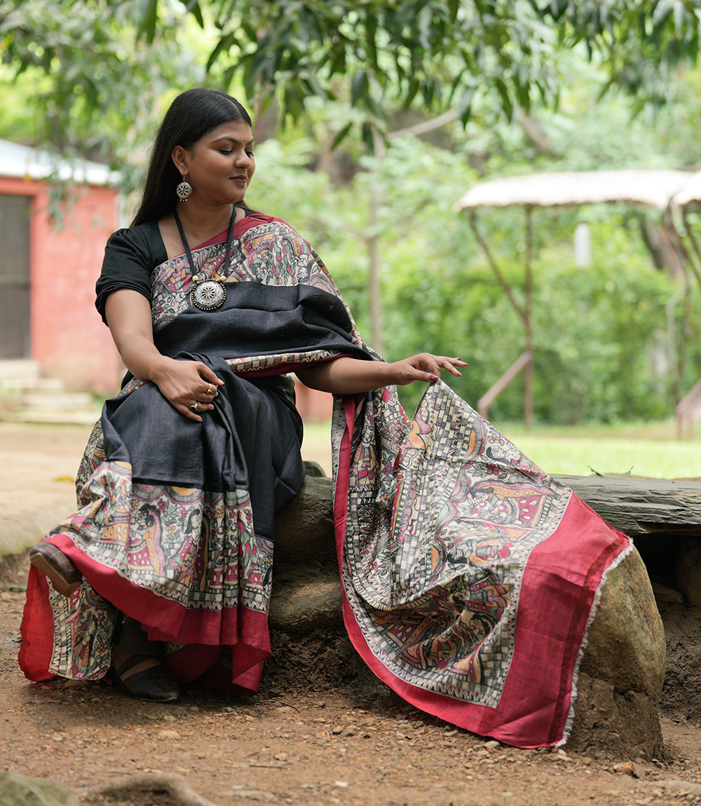 Black Madhubani Saree