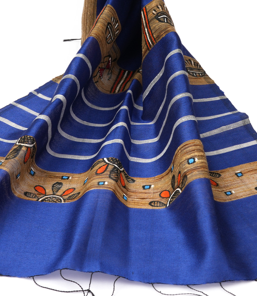 Hand Painted Tassar Silk Stole Made By Tribals Of Jharkhand- Navy Blue Colour