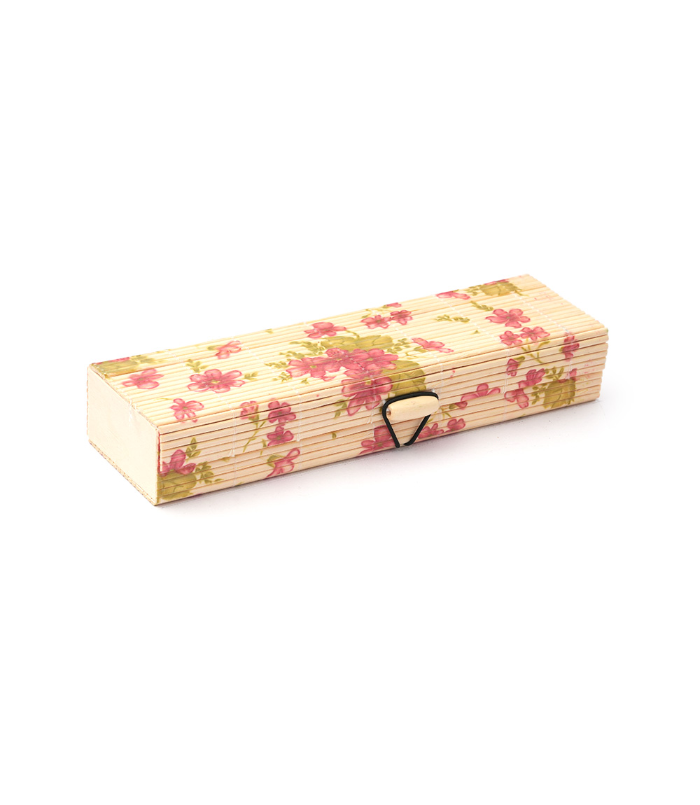 Bamboo Pencil Box Made by Tribes of Assam (Pink Flowers Print)