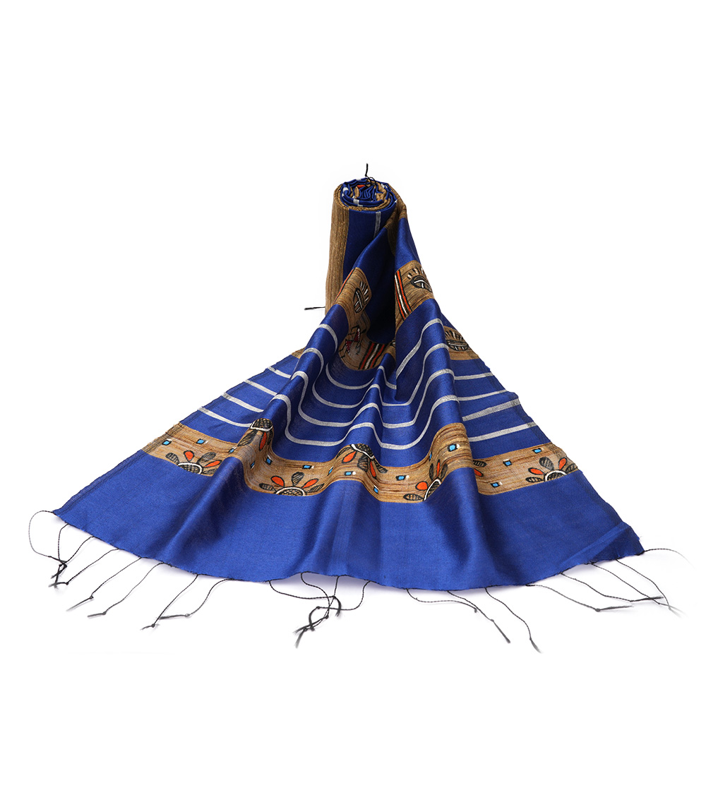 Hand Painted Tassar Silk Stole Made By Tribals Of Jharkhand- Navy Blue Colour