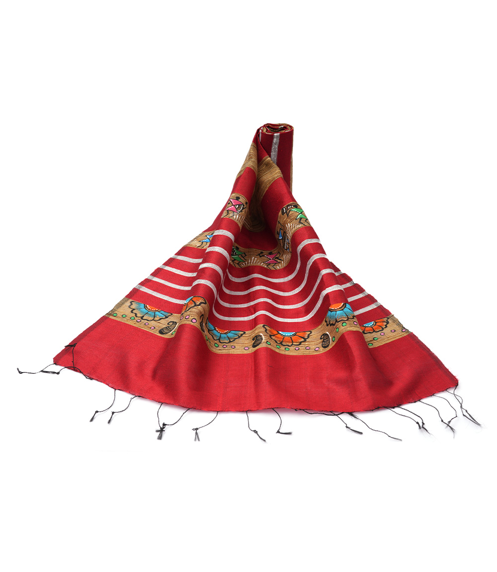 Hand Painted Tassar Silk Stole Made By Tribes Of Jharkhand (Red Colour)