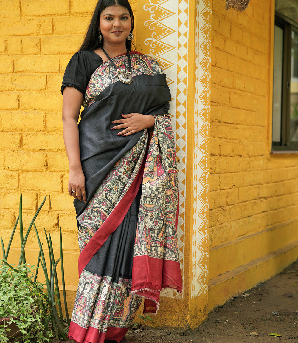 Black Madhubani Saree