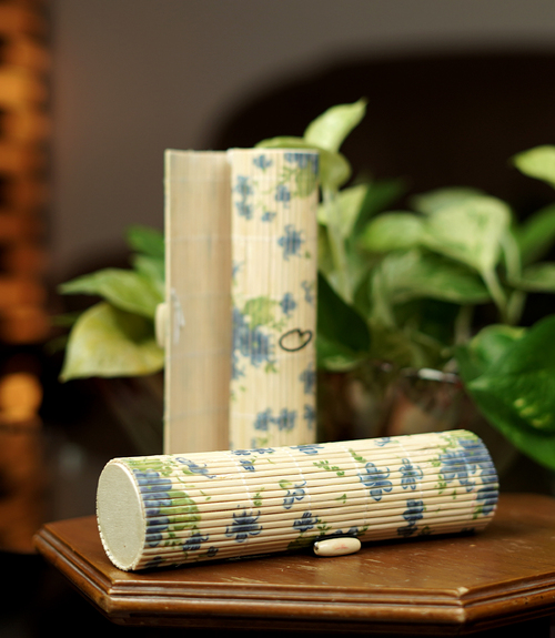 Bamboo Pencil Box (Blue Flowers Print)