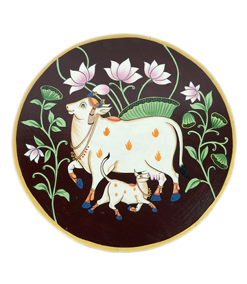 Hand-Painted Pichwai on Wooden Plate Made by Tribes of Rajasthan