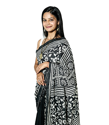 Handstitched Black Saree with White Kantha Stich By Tribes Of West Bengal