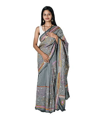 Handstitched Grey Saree with Multi-Colour Kantha Stich By Tribes Of West Bengal