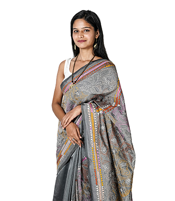 Handstitched Grey Saree with Multi-Colour Kantha Stich By Tribes Of West Bengal