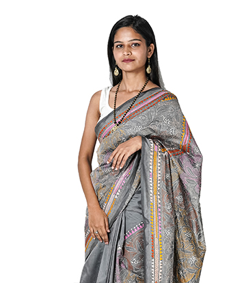 Handstitched Grey Saree with Multi-Colour Kantha Stich By Tribes Of West Bengal