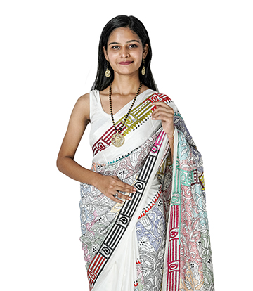 Handstitched White Saree with Multi-Colour Kantha Stich By Tribes Of West Bengal