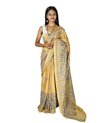 Handstitched Golden Saree with Purple Kantha Stich By Tribes Of West Bengal