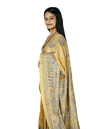 Handstitched Golden Saree with Purple Kantha Stich By Tribes Of West Bengal