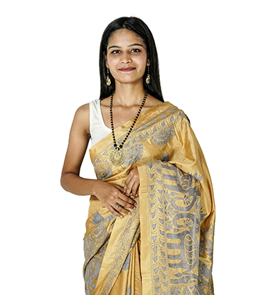 Handstitched Golden Saree with Purple Kantha Stich By Tribes Of West Bengal