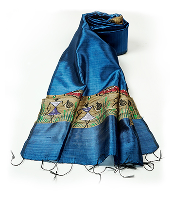 Hand Painted Tassar Silk Stole Made By Tribes Of Jharkhand (Blue Colour)