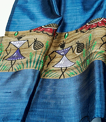 Hand Painted Tassar Silk Stole Made By Tribes Of Jharkhand (Blue Colour)