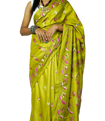 Hand-Stitched Green Saree with Multi-Colour  Embroidery – Crafted by West Bengal Tribes