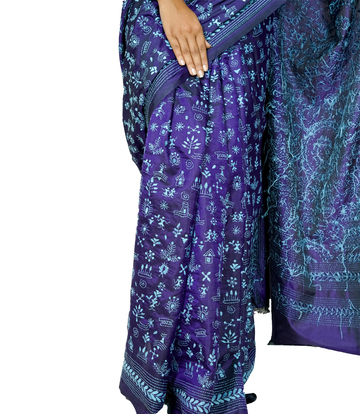 Hand-Stitched Indigo Printed Cotton Saree – Kantha Stitch By Tribes Of West Bengal