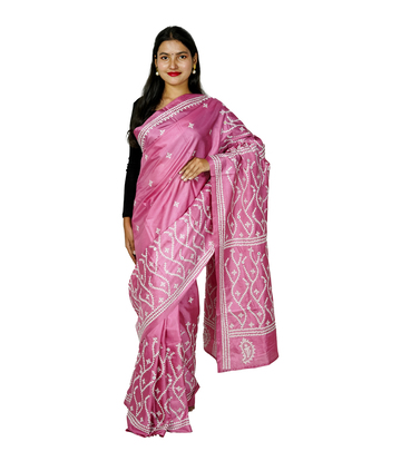 Hand-Stitched Pink Saree with Embroidery – Crafted by West Bengal Tribes 