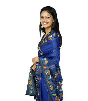 Hand-Stitched Navy Blue Saree with Multicolor Kantha Stitch By Tribes Of West Bengal