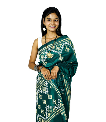 Hand-Stitched Black  Green Saree with Traditional Tribal Embroidery – Crafted by West Bengal Tribes 