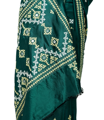 Hand-Stitched Black  Green Saree with Traditional Tribal Embroidery – Crafted by West Bengal Tribes 