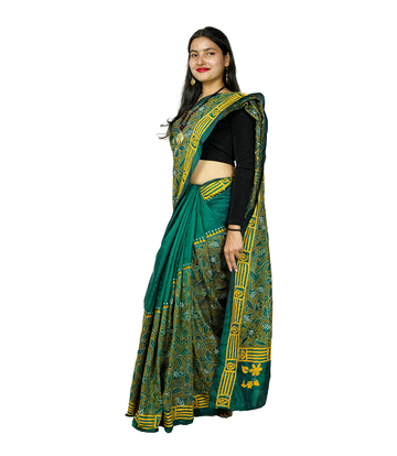 Hand-Stitched Emerald Green Saree with Golden Tribal Leaf Patterns-Crafted by West Bengal Tribes 