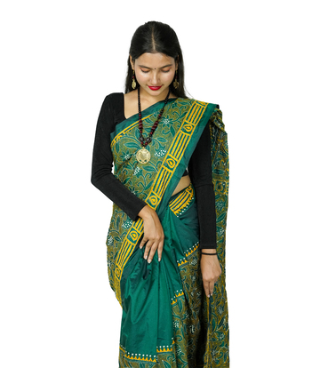 Hand-Stitched Emerald Green Saree with Golden Tribal Leaf Patterns-Crafted by West Bengal Tribes 