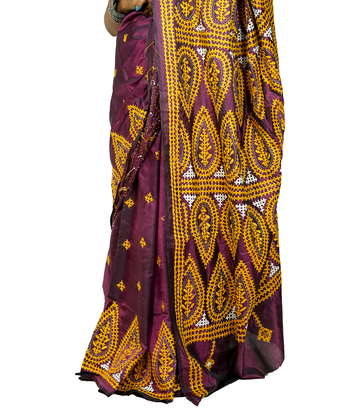 Hand-Stitched Royal Plum Saree with Vibrant Mustard- Crafted by West Bengal Tribes 