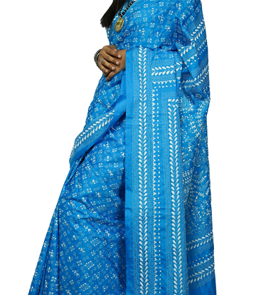 Hand-Stitched blue saree with white embroidery-  Kantha Stitch By Tribes Of West Bengal 