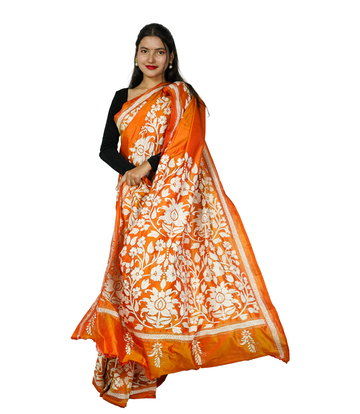 Hand-Stitched orange saree with white embroidery- Kantha Stitch By Tribes Of West Bengal 