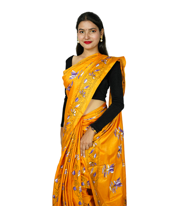 Hand-Stitched orange saree with purple white embroidery- Kantha Stitch By Tribes Of West Bengal