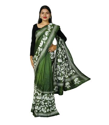 Hand-Stitched green saree with white embroidery-  Kantha Stitch By Tribes Of West Bengal 