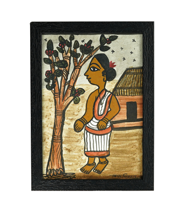 Handpainted Paitkar with a single woman near a hut-Made by tribes of Jharkhand