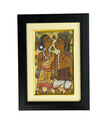 Handpainted Paitkar with a tribal couple standing in a field-Made by tribes of Jharkhand