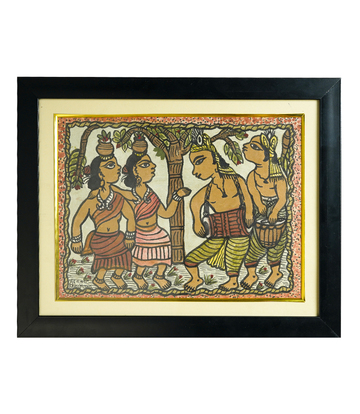 Handpainted Paitkar with two tribal women and two men under a tree-Made by Tribes of Jharkhand