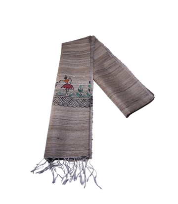 Hand-Painted Tassar Silk Stole Made By Tribes Of Jharkhand Natural Colour