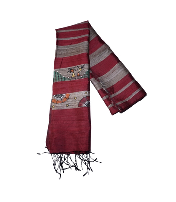 Hand-Painted Tassar Silk Stole – Made by Tribes of Jharkhand - Red