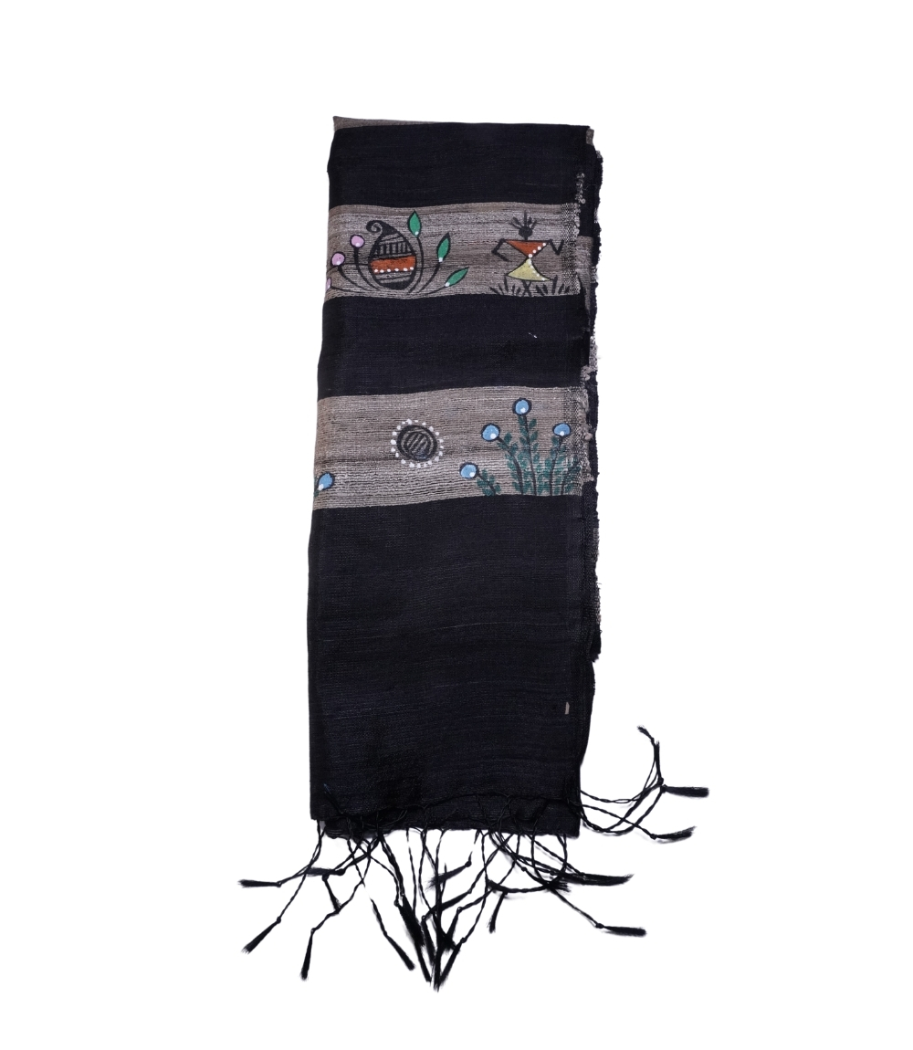 Hand-Painted Tassar Silk Stole – Made by Tribes of Jharkhand - Black